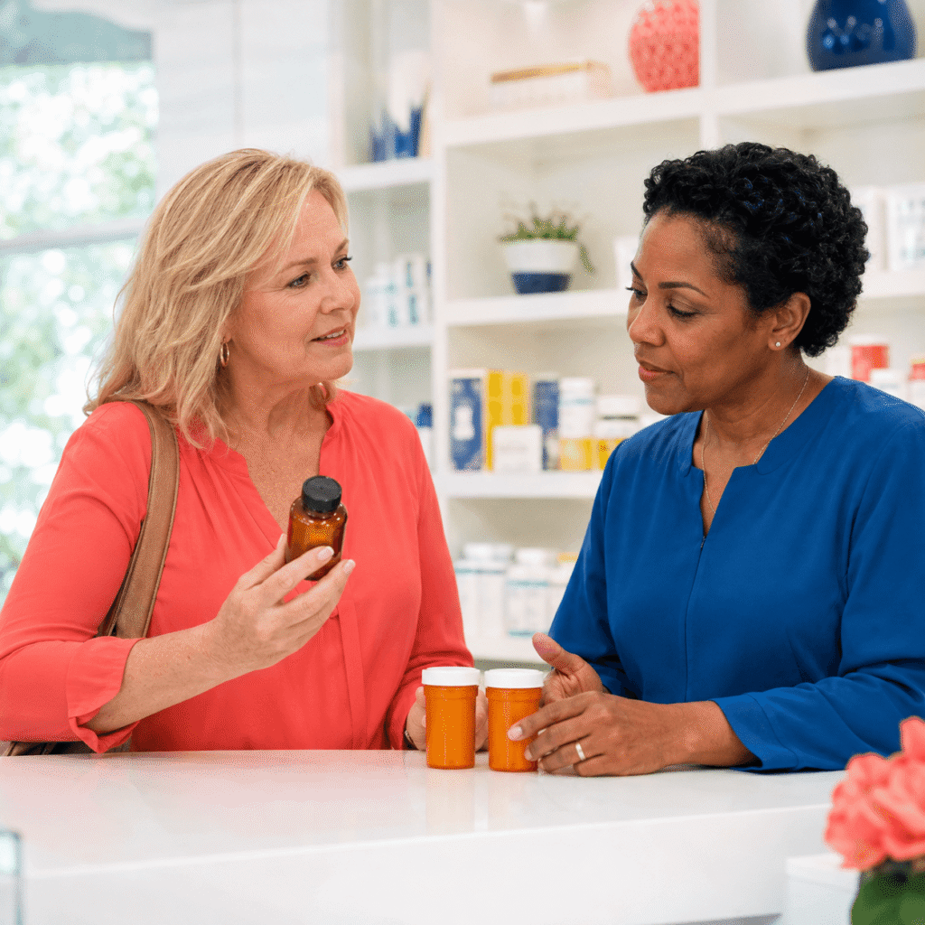 Midlife Woman Discussing Berberine Dosage And Medication Safety With A Female Pharmacist.