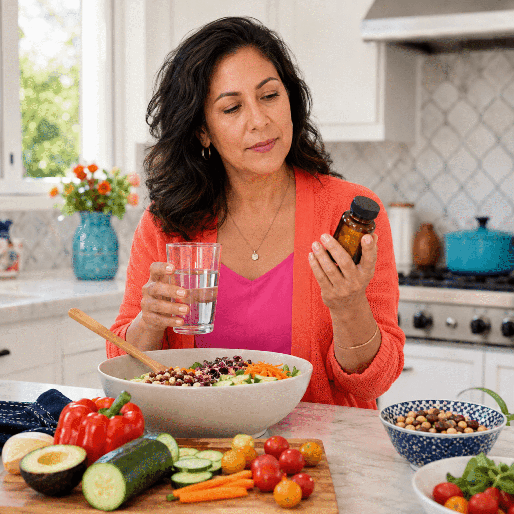 Midlife Latina Woman Considering A Berberine Supplement While Preparing A Fiber  Rich Meal.