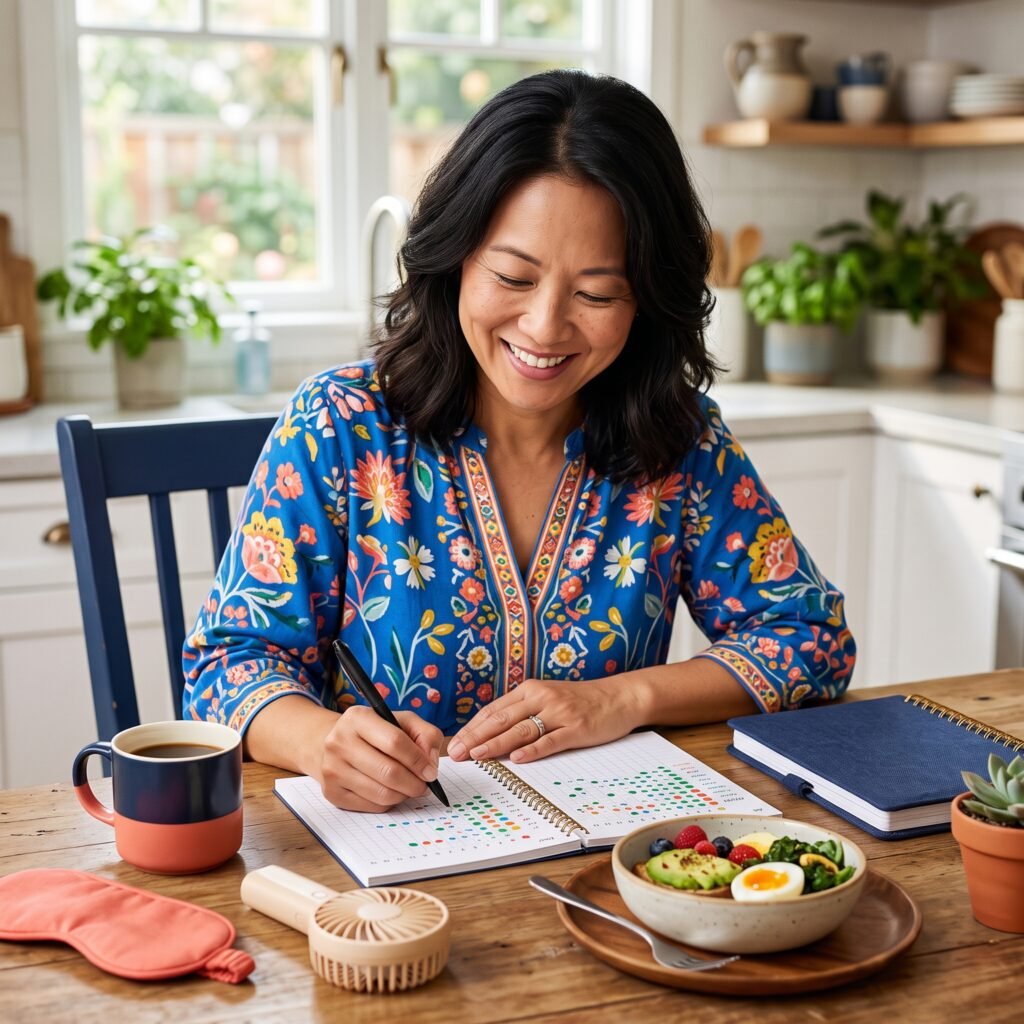 Midlife Woman Reviewing Her Journal With A Fiber and Protein Rich Meal