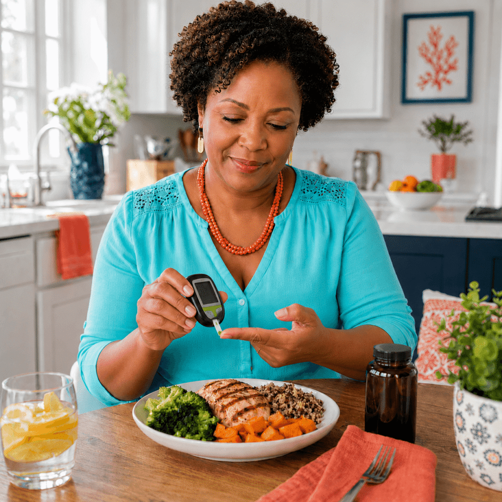 African American Midlife Woman Monitoring Blood Sugar Beside A Balanced Meal In A Bright Home Kitchen.

