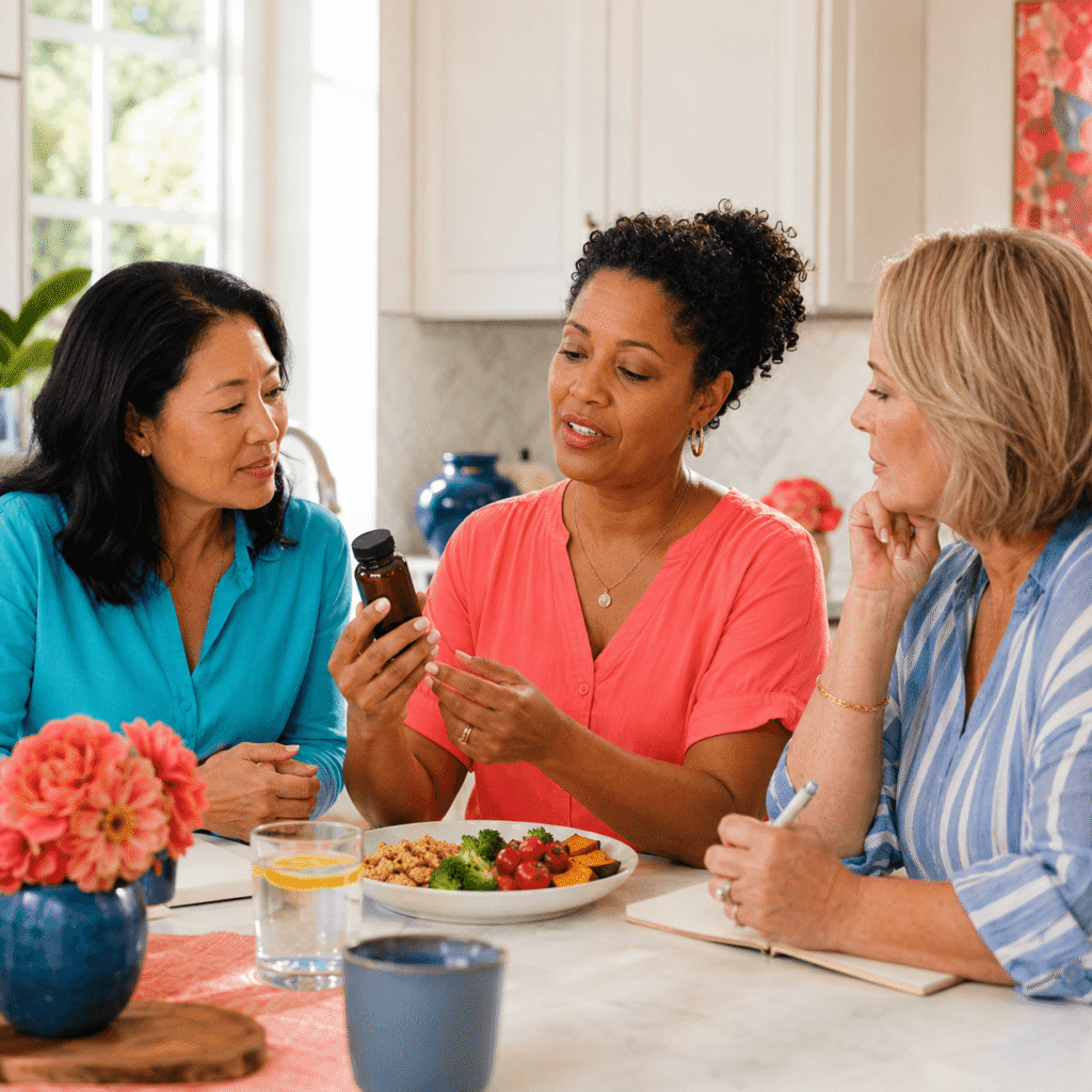 Diverse Midlife Women Discussing A Berberine Supplement And Healthy Weight  Management Choices At A Bright Kitchen Table