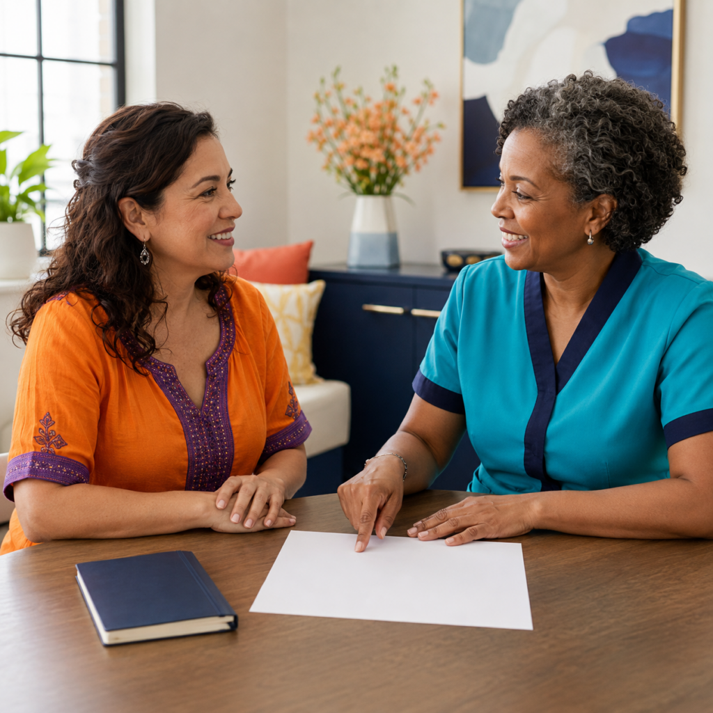 Midlife Woman And Clinician Reviewing Waist Measurement, Blood Pressure And Metabolic Health Indicators Together.