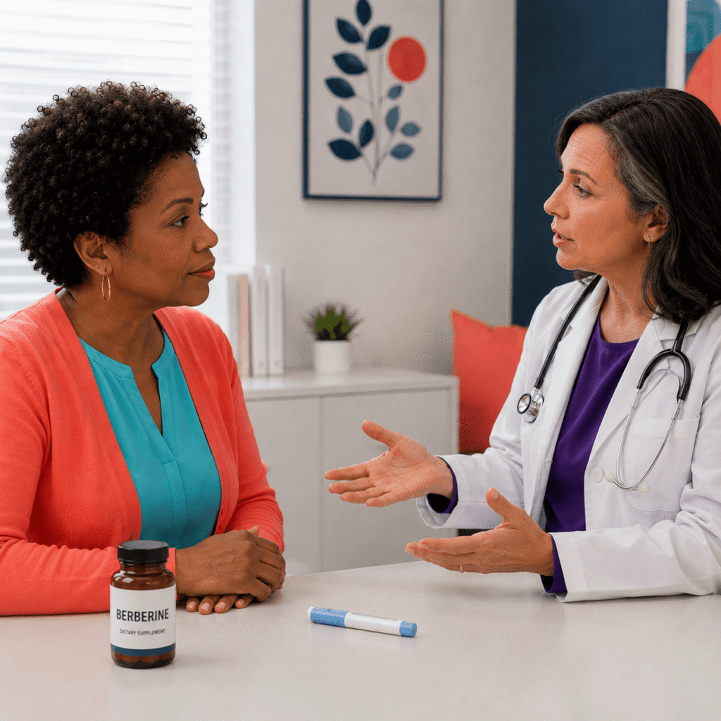 Two Midlife Women Discussing A Plain Supplement Bottle And Prescription Injection Pen With A Female Clinician