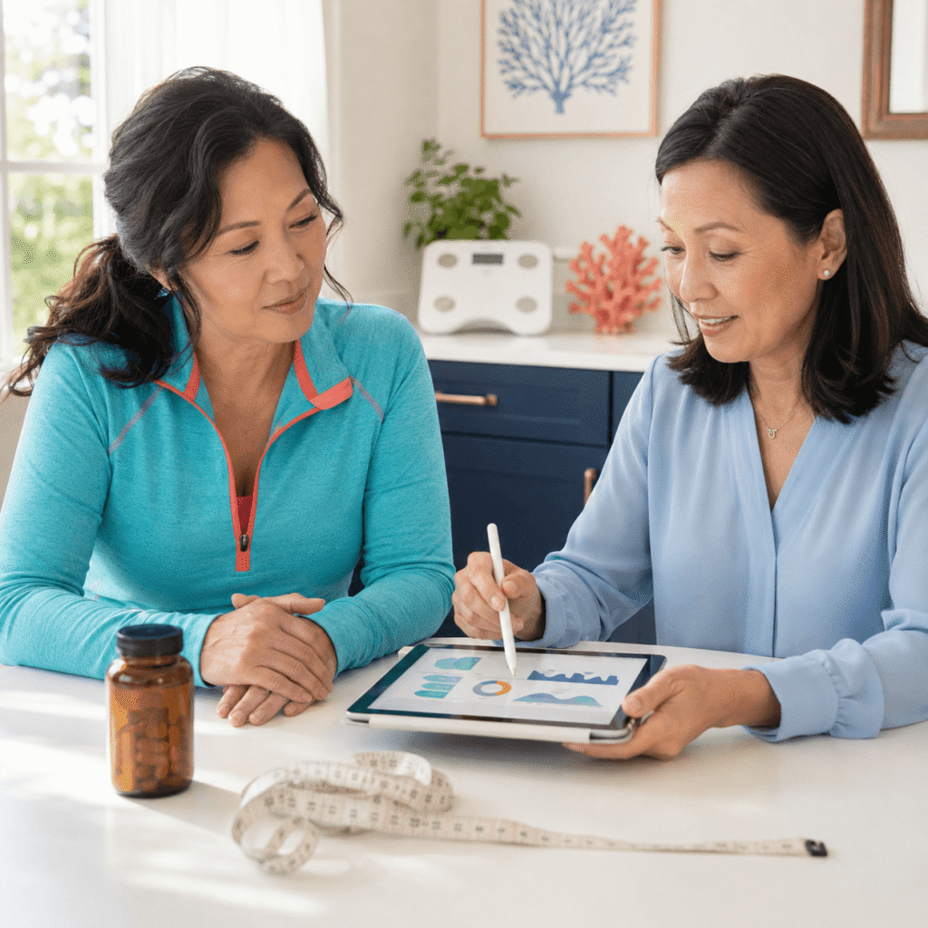 Midlife Woman And Female Healthcare Professional Reviewing Weight, Waist And Metabolic Progress Without Focusing Only On The Scale.
