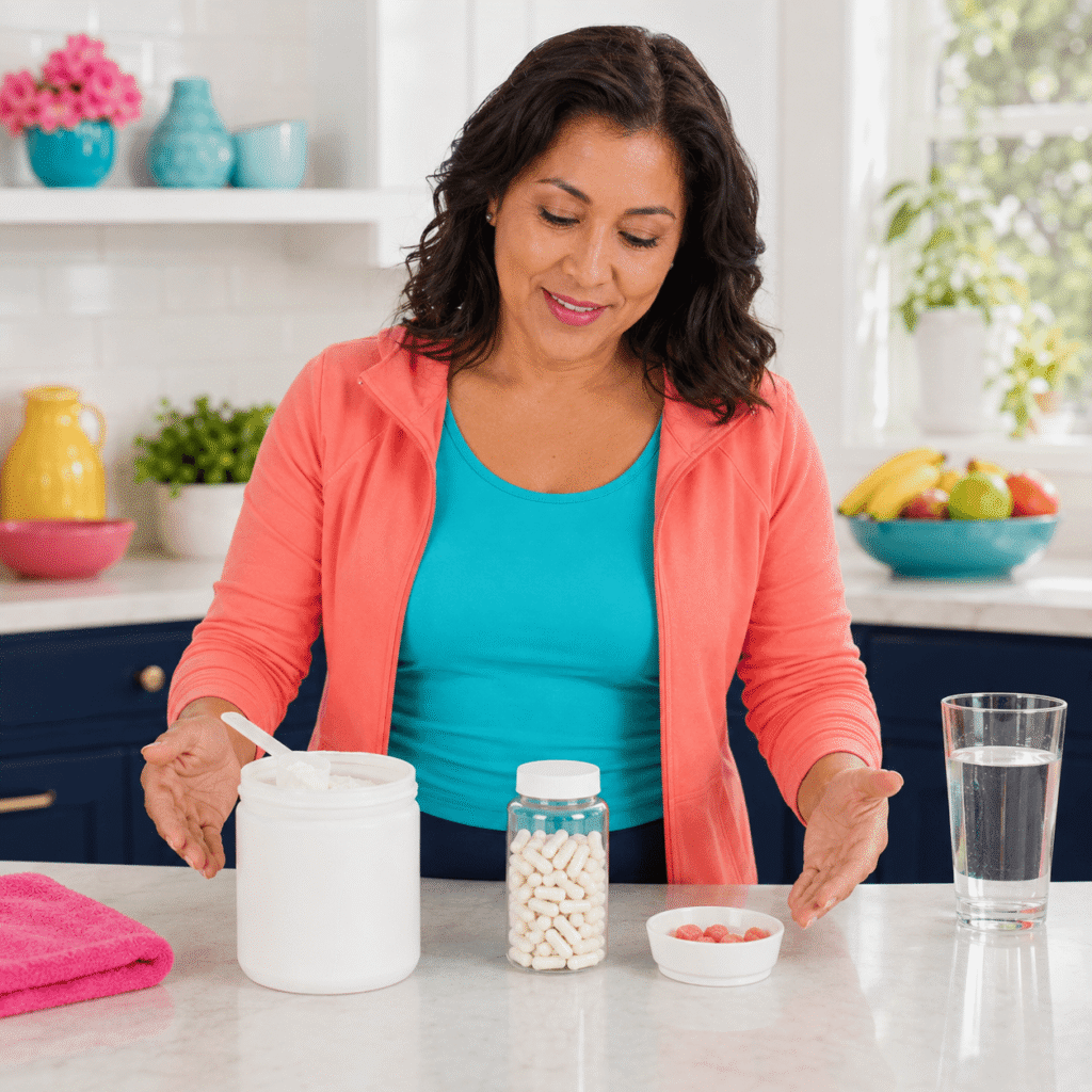Woman over 50 comparing unbranded creatine powder, capsules and chewable supplement formats.