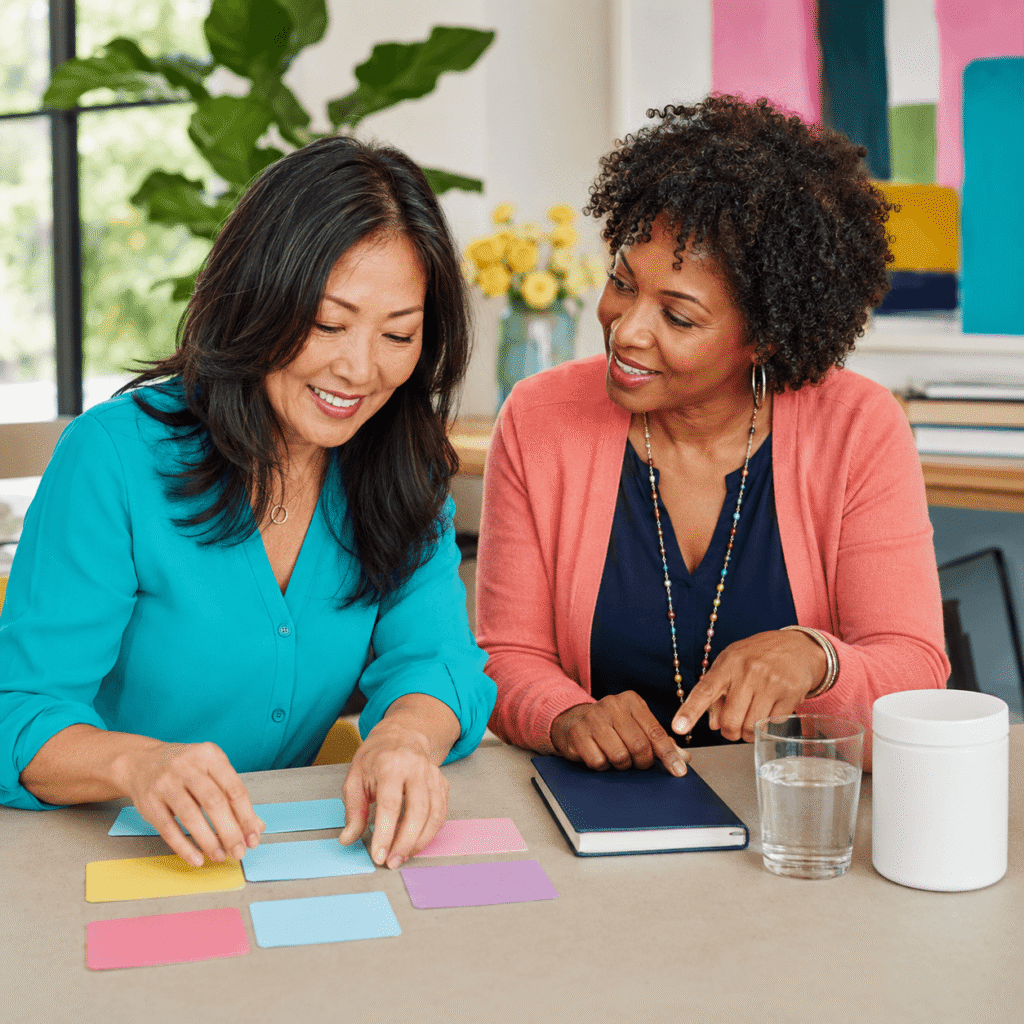 Two smiling midlife women working confidently at a bright desk with a prepared creatine drink nearby.