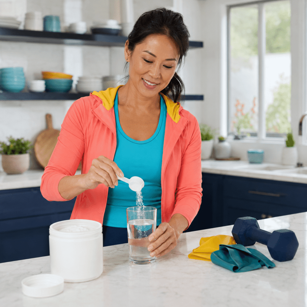 Smiling woman over 40 mixing plain creatine monohydrate into water