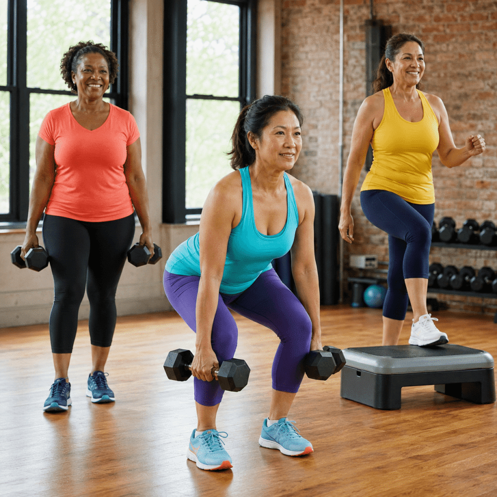 Smiling women in their 50s practicing functional strength exercises with dumbbells and a step platform.