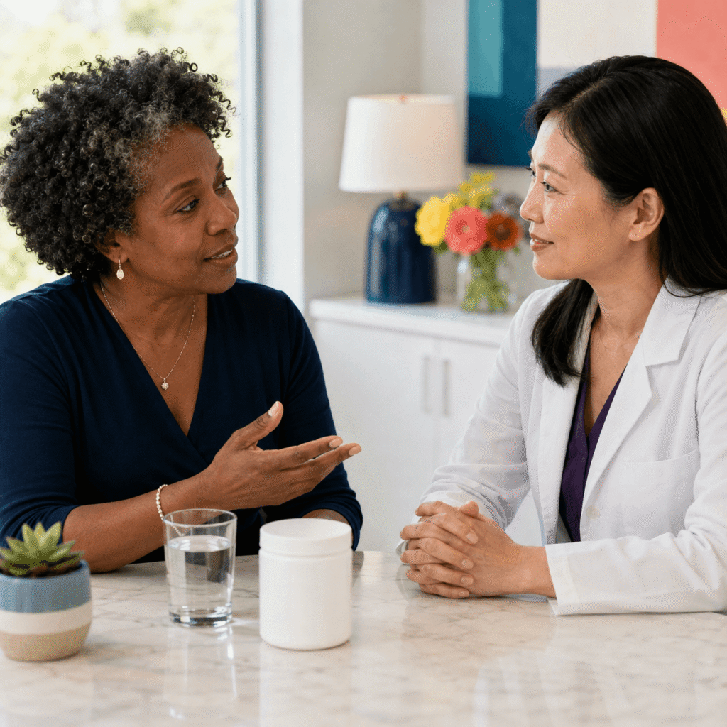 Midlife woman discussing a generic creatine supplement with a female healthcare professional