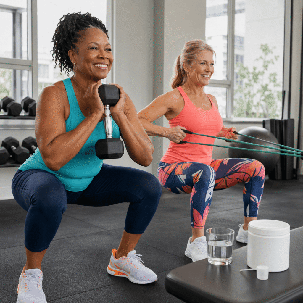 Two smiling midlife women strength training with dumbbells