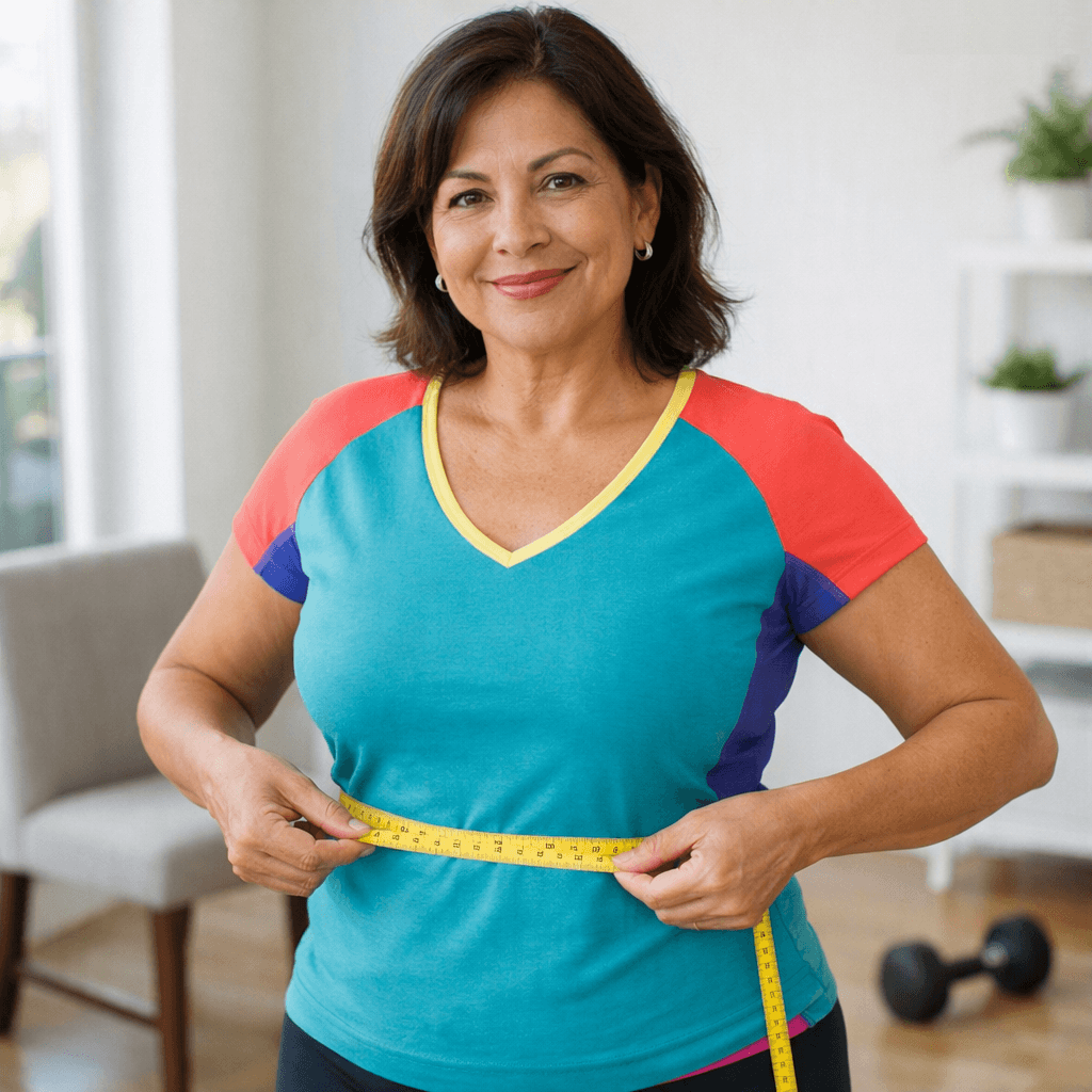 A Woman In Her 50s Measures Her Waist With A Flexible Tape Held Level And Without Compressing Her Skin.
