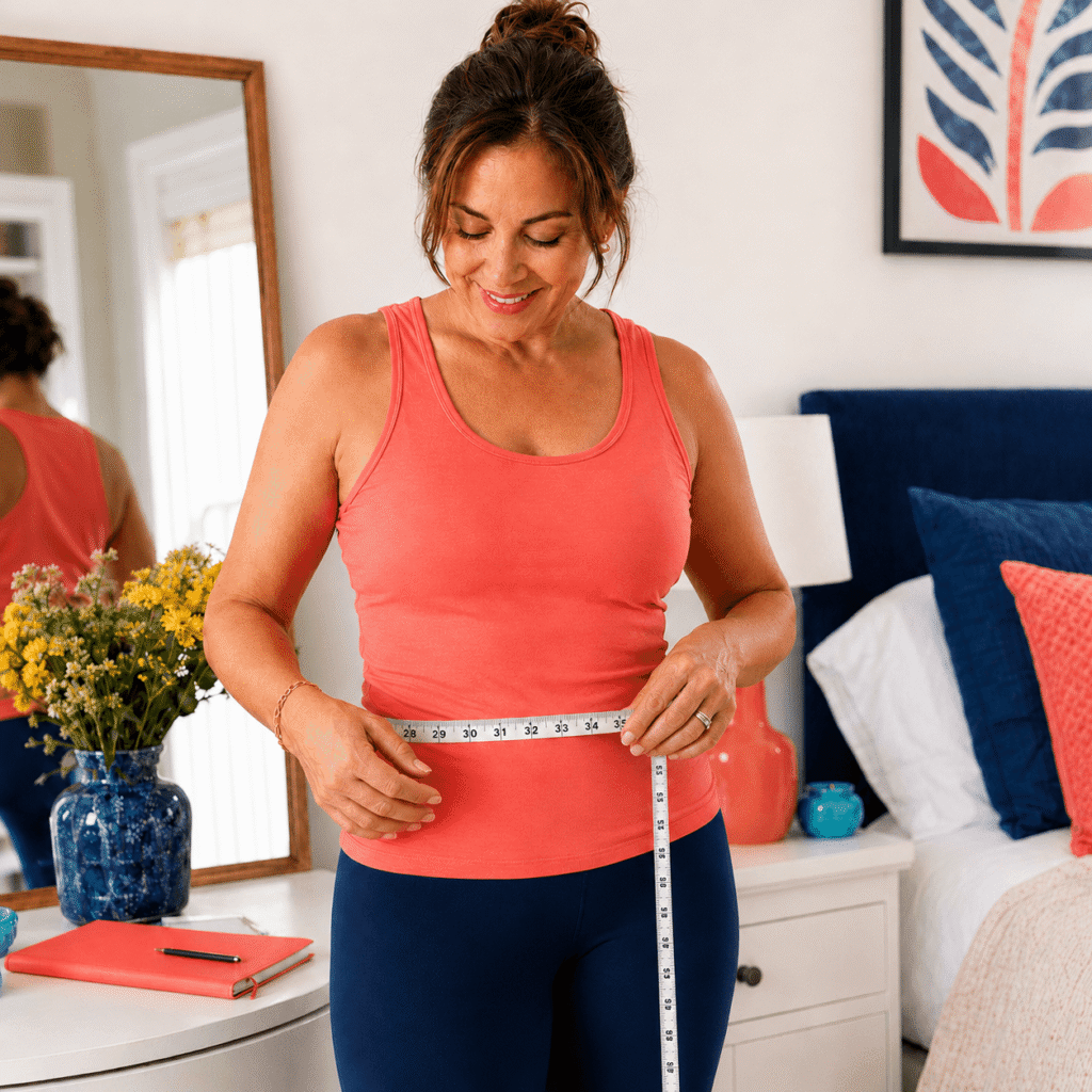 Woman in Her 50s Measuring Her Waist with a Soft Tape Measure