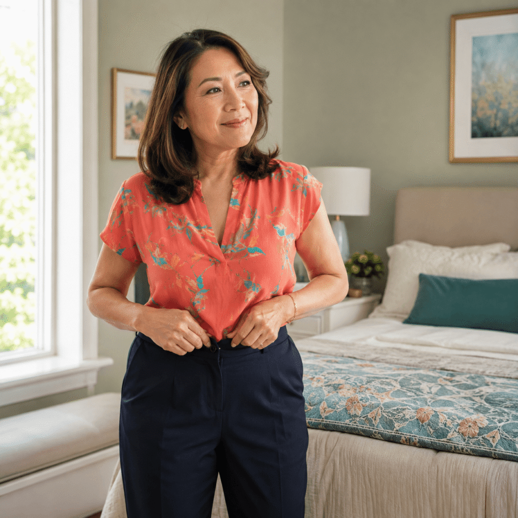 Smiling Woman In Her 50s Comfortably Adjusting The Waistband Of Her Trousers