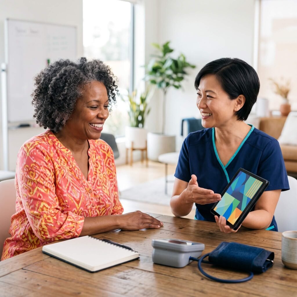 An Asian American Clinician Discusses Metabolic Health Screening With An African American Woman In Her 50s.