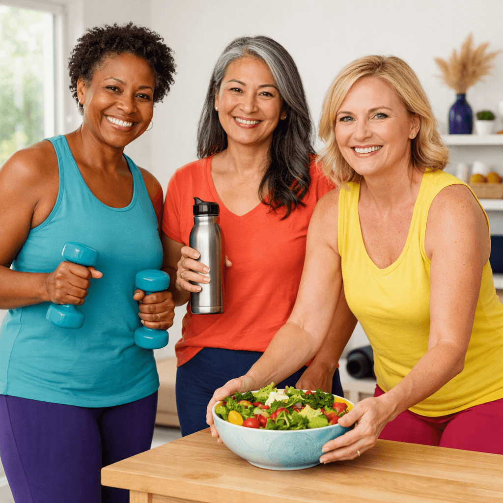 Three Diverse Women In Midlife Prepare For A Walk And Strength Workout In A Bright Home Wellness Space