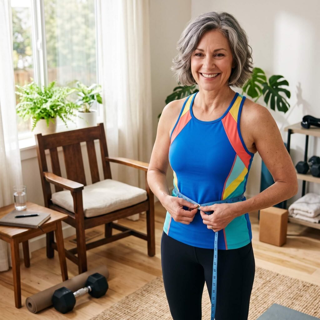 Smiling Midlife Woman Recording Strength And Waist Measurements