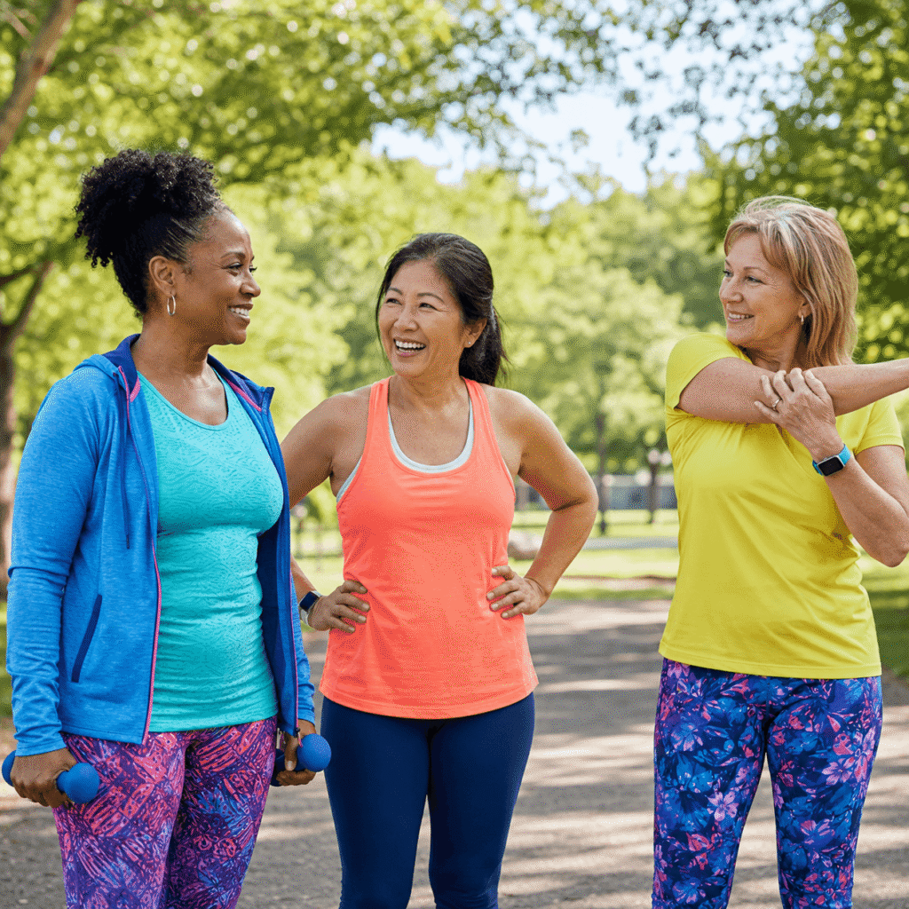 Diverse Midlife Women Walking And Doing Resistance Exercise Together In A Bright Outdoor Setting.
