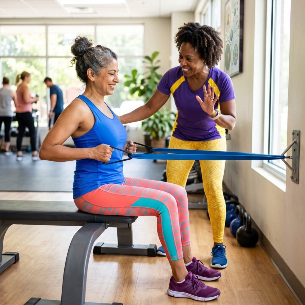 A Woman In Her 50s Performs A Controlled Resistance Band Row While Another Woman Offers Encouragement.
