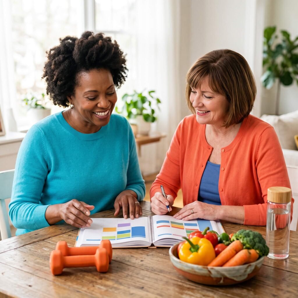 Two Midlife Women Organize Healthy Meals, Workouts And Walking Habits Using A Planner.
