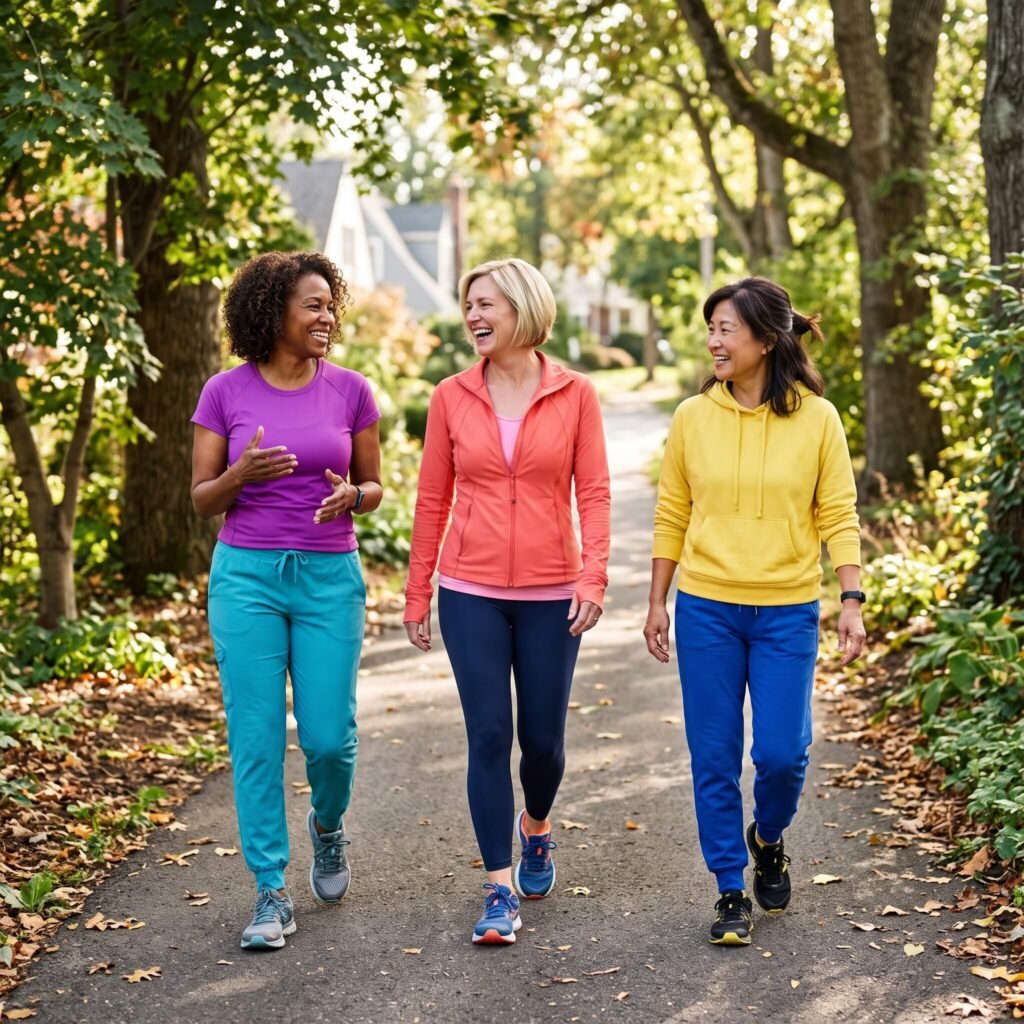 Three Women In Their 50s Take A Purposeful Walk Together After A Meal.
