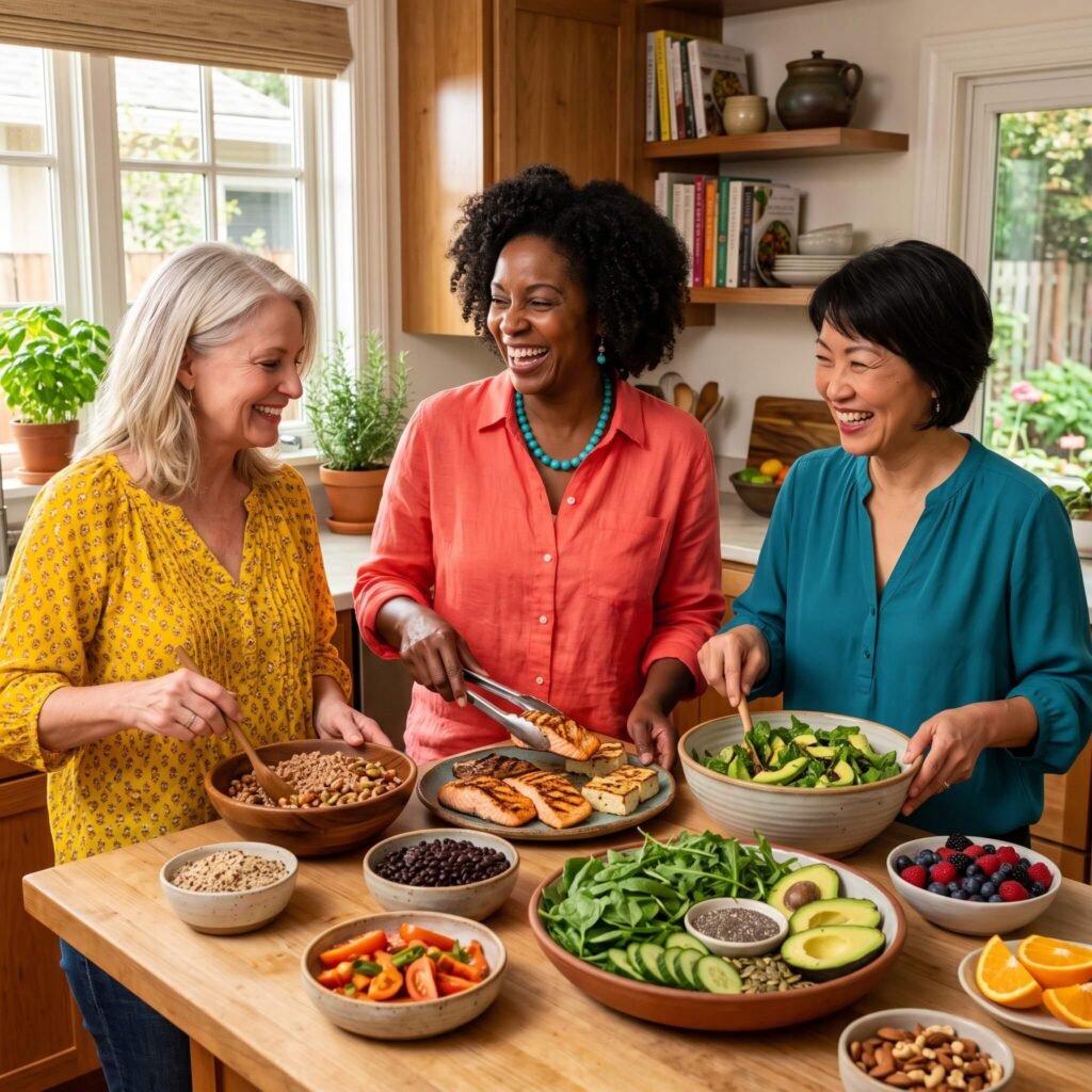  Three Women In Midlife Prepare A Balanced Meal With Fish, Beans, Vegetables, Berries And Whole Grains.