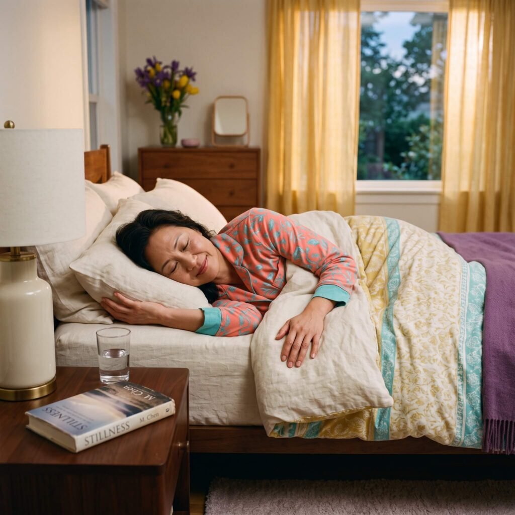 A Relaxed Asian American Woman In Her 50s Prepares For Sleep In A Calm, Sunlit Bedroom.