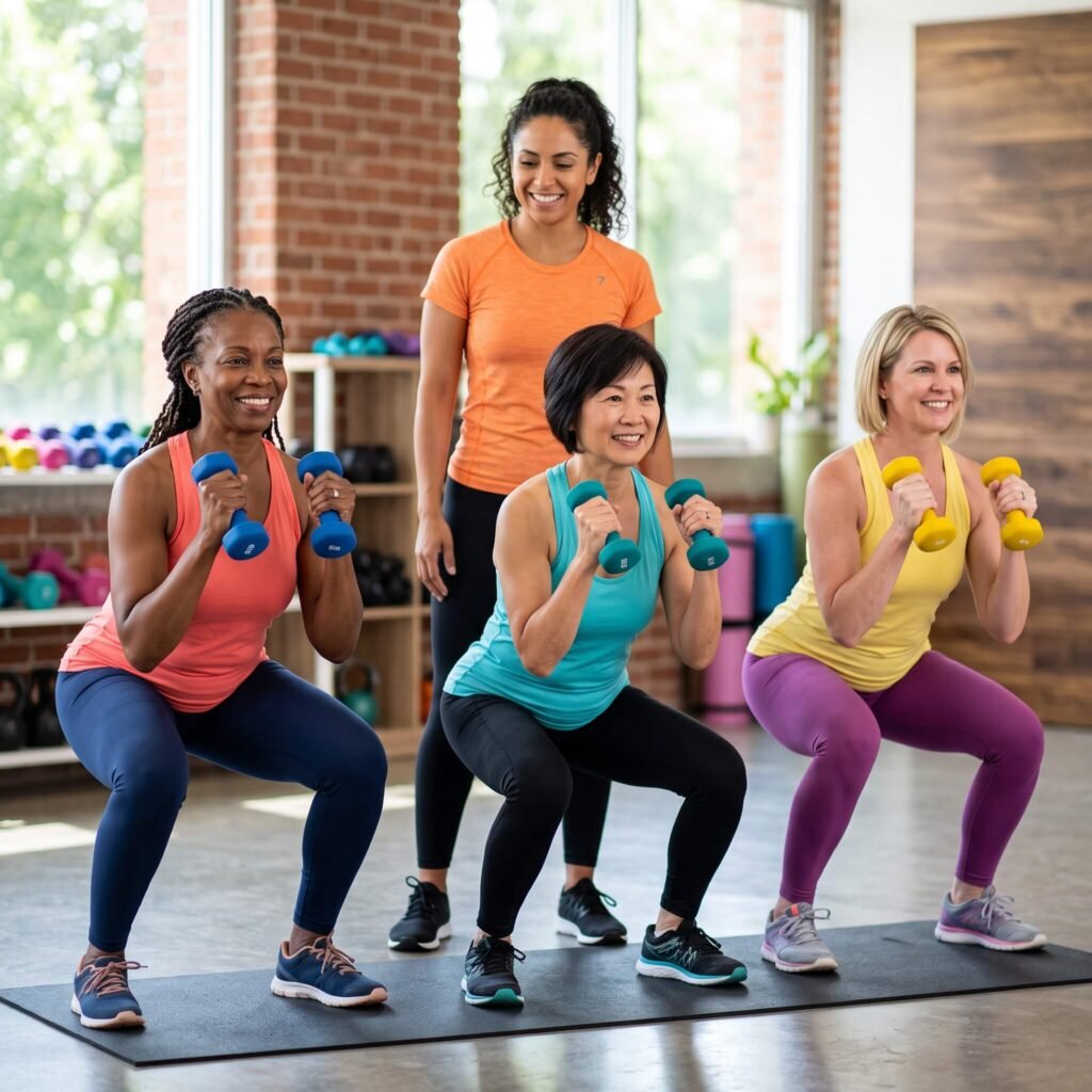Diverse Women Aged 45 To 60 Perform Controlled Dumbbell Exercises With A Female Trainer.
