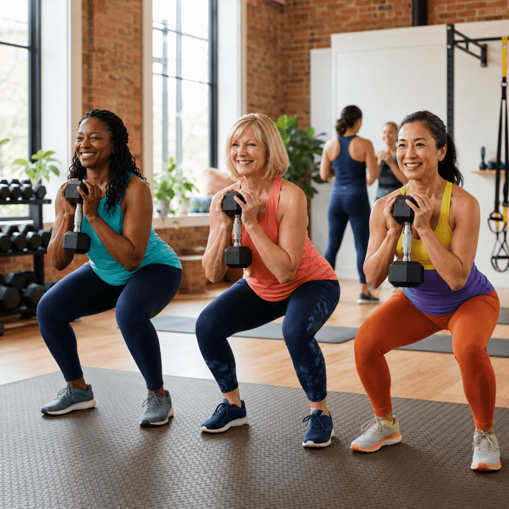 Three Smiling Women Over 40 Performing Controlled Dumbbell Squats