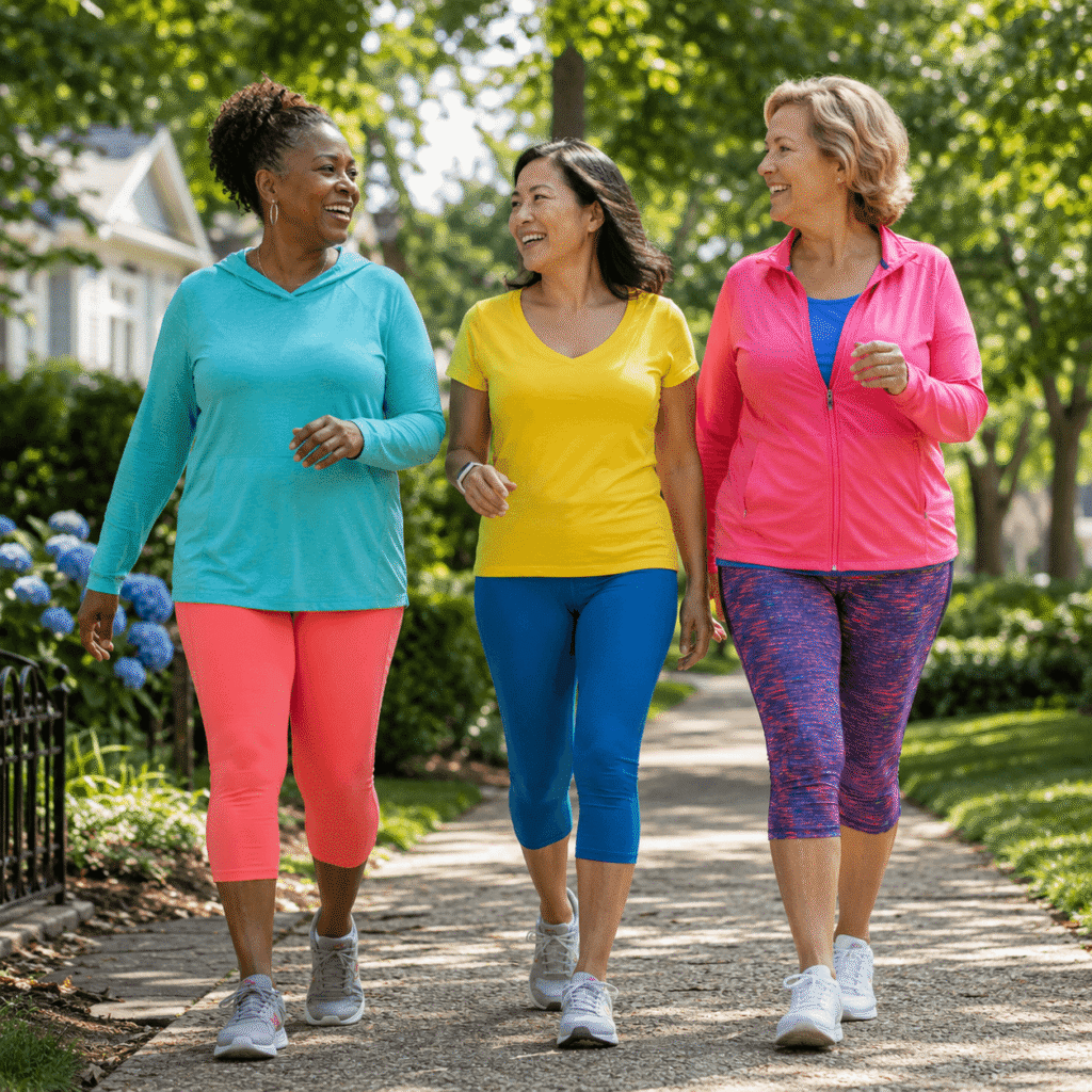 Diverse Midlife Friends Taking A Brisk Walk Together After Lunch
