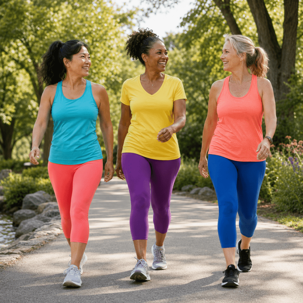Three Midlife Women Taking a Brisk Walk Together