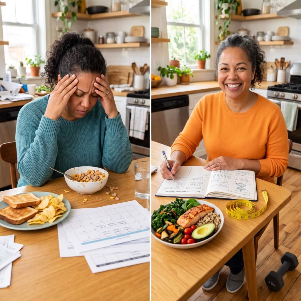 Smiling Midlife Woman Reviewing Her Exercise, Meals, Sleep