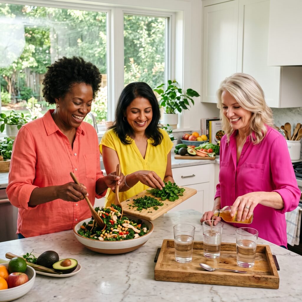 Woman diluting apple cider vinegar in water beside a balanced carbohydrate-containing meal.
