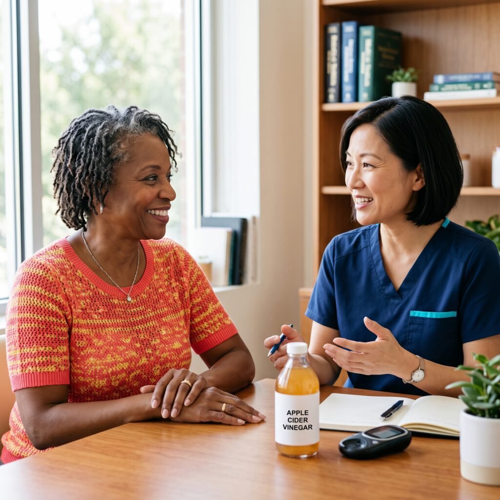  Midlife woman discussing apple cider vinegar and diabetes medication safety with a healthcare professional.
