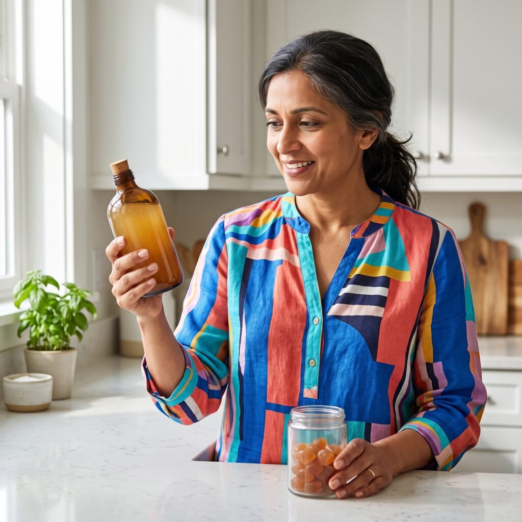 Woman comparing unbranded liquid apple cider vinegar with plain ACV gummies.
