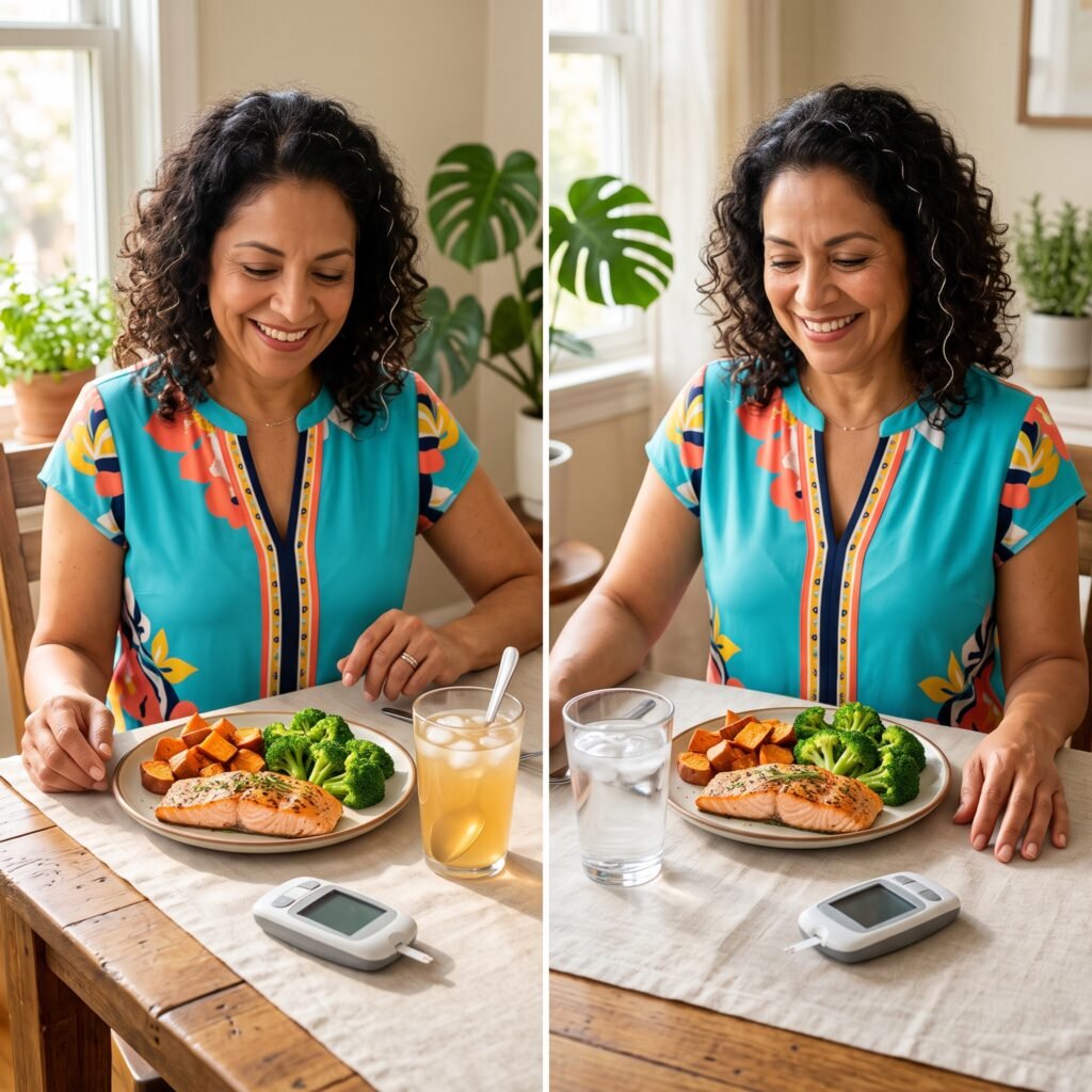 Woman comparing her response to the same meal with and without diluted apple cider vinegar.

