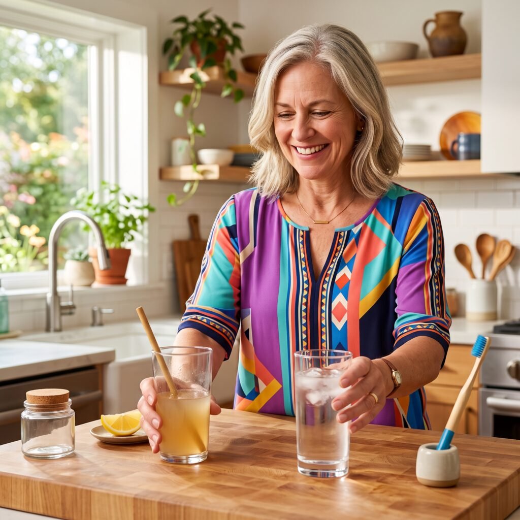 Woman rinsing with plain water after drinking diluted apple cider vinegar through a straw.
