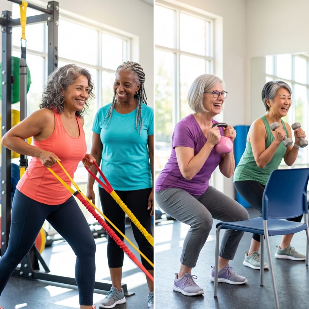 Diverse women over 40 learning chair squats and dumbbell rows
