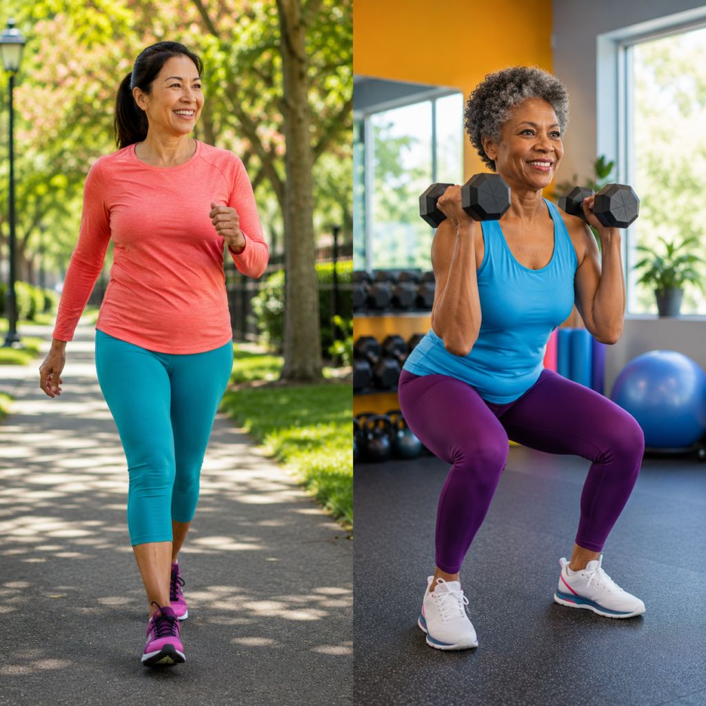 Diverse midlife women finishing a brisk walk while carrying light workout gear
