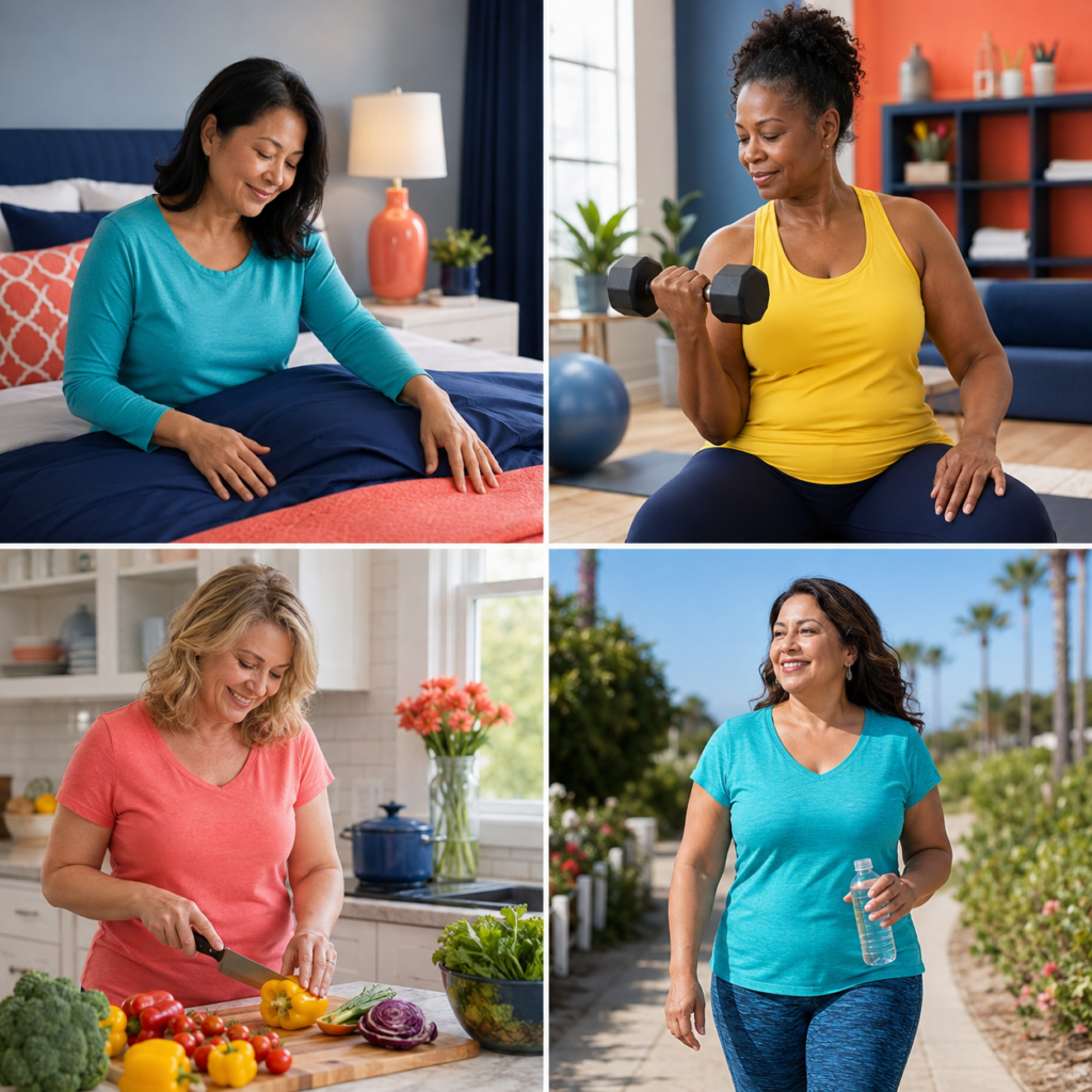 Diverse midlife women representing sleep, movement, nutrition and stress factors involved in menopause belly fat.