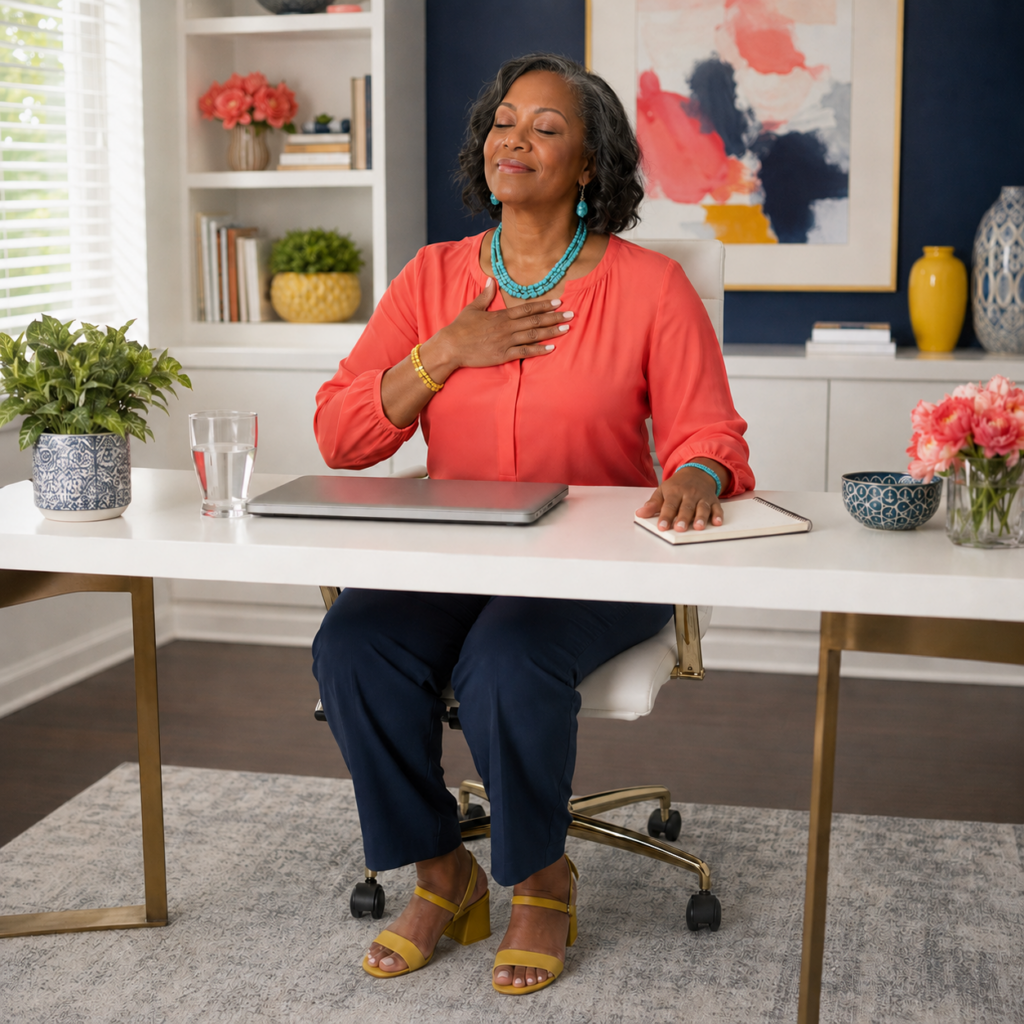 African American woman over 50 calmly managing work stress at a bright home desk.