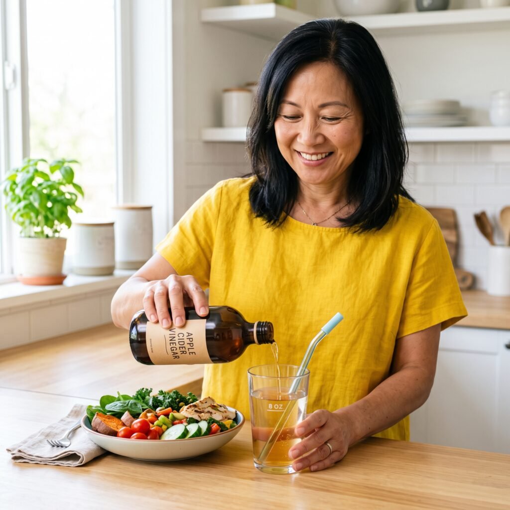Woman measuring a small amount of apple cider vinegar into a full glass of water beside lunch.