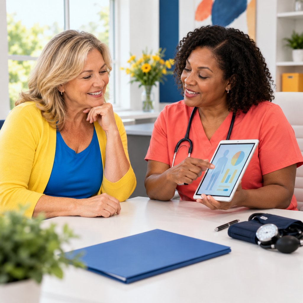 Woman in her 50s discussing possible cortisol testing with a female clinician.