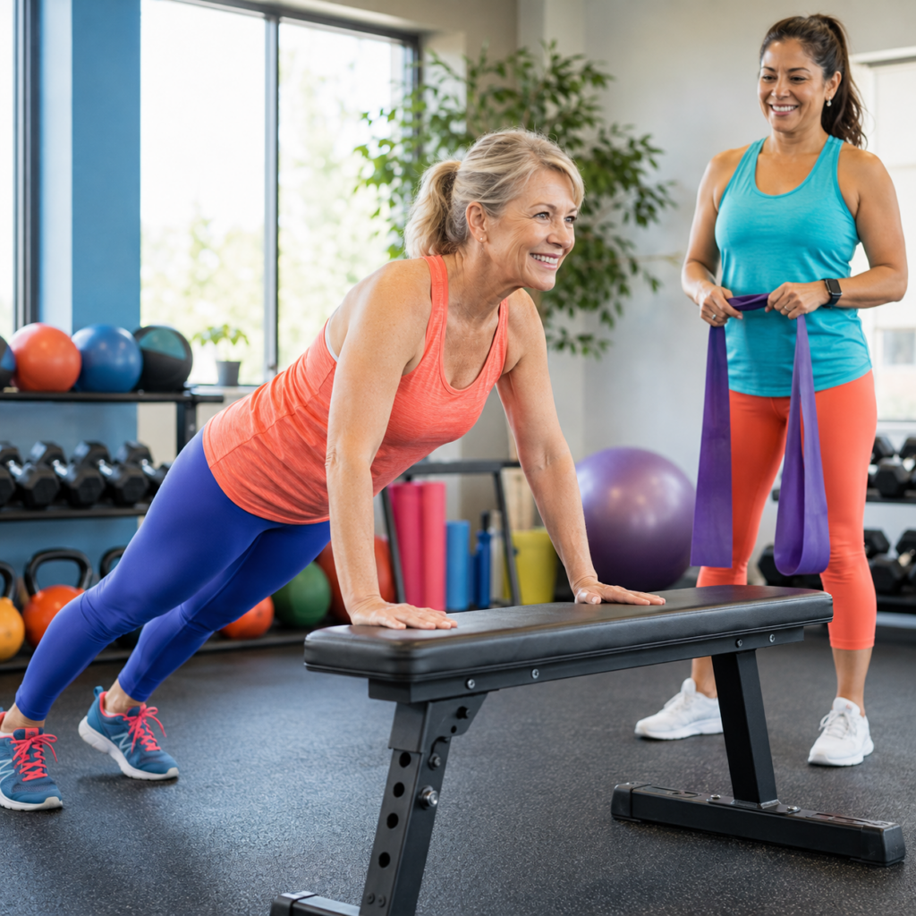 Woman in her 50s performing a dumbbell Romanian deadlift with neutral posture
