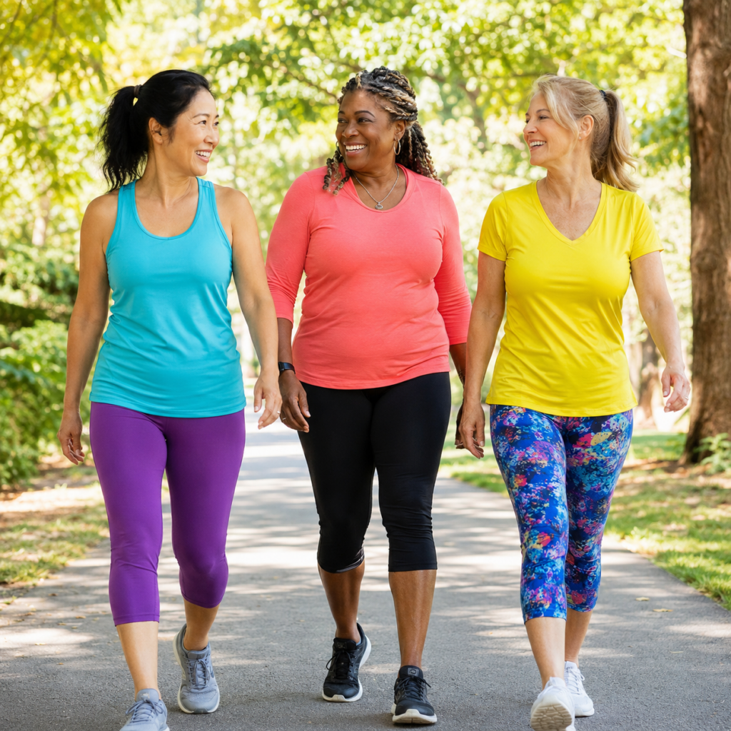 iverse women in midlife enjoying a relaxed outdoor walk together.