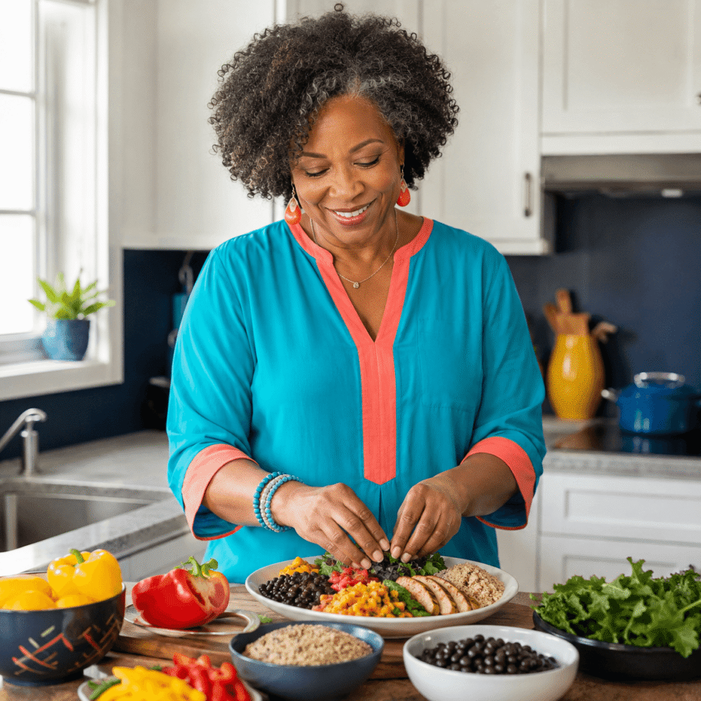 Smiling Midlife Woman Preparing A Balanced Meal In A Bright Kitchen