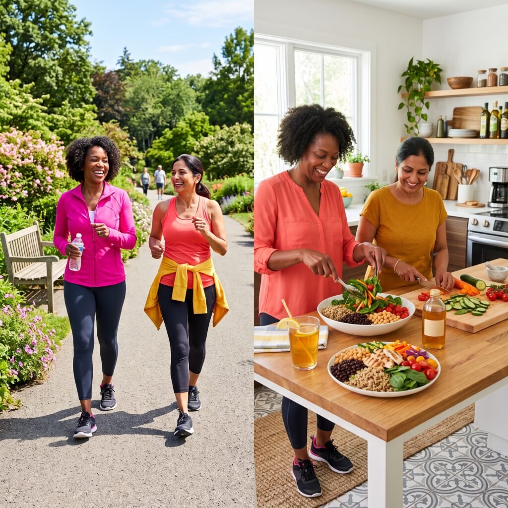  Diverse midlife women preparing a high-fiber meal before walking and strength exercise.

