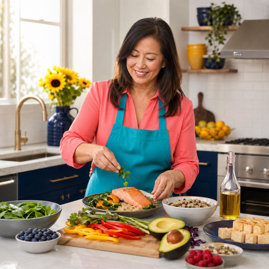 Asian woman over 50 preparing a colorful protein- and fiber-rich meal.