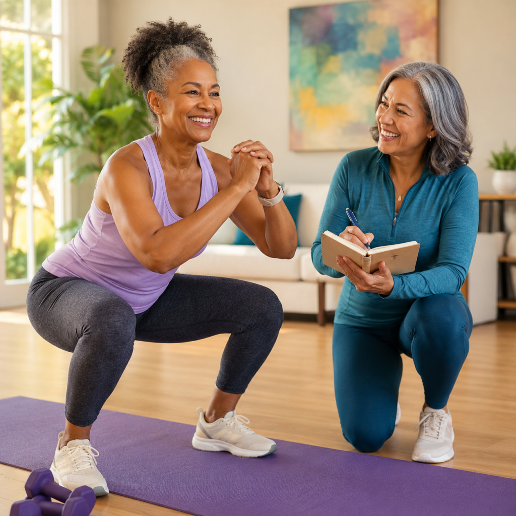 Midlife woman tracking chair squats and carrying strength with a coach
