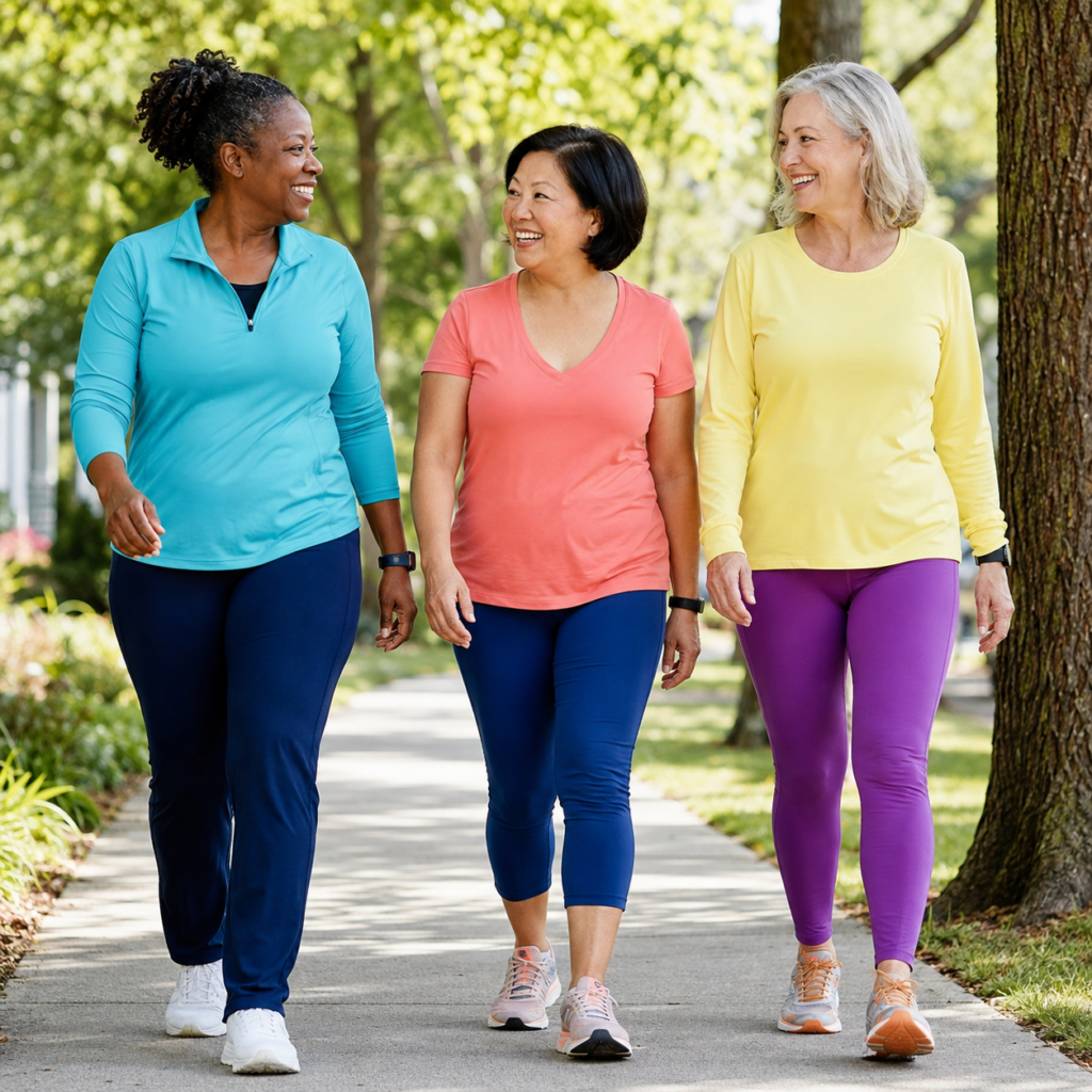 : Three smiling midlife women taking a purposeful walk together after lunch.
