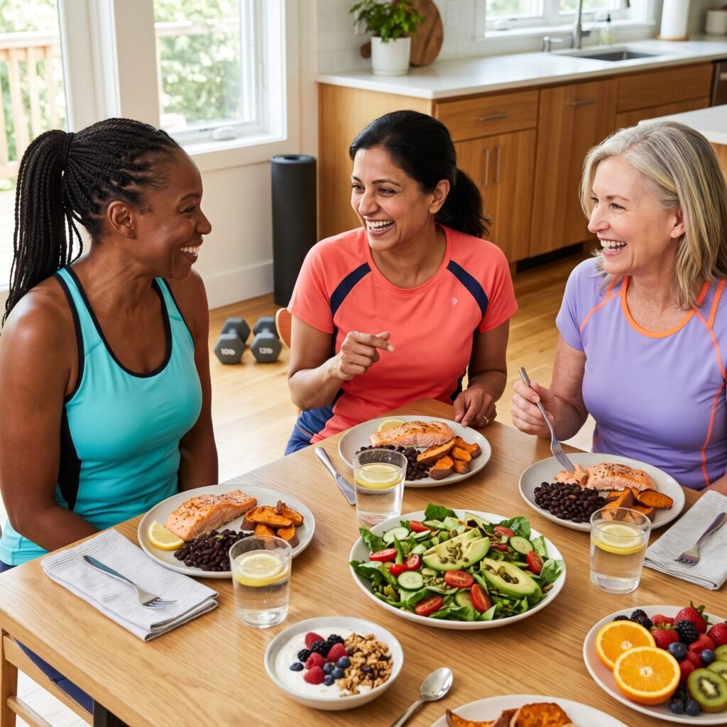 Women in midlife sharing a protein-rich meal after strength training
